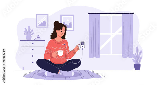 Woman relaxing at home with coffee and smart thermostat