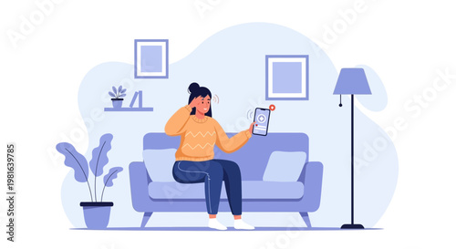 Woman relaxing on sofa, checking phone notifications, cozy living room, modern illustration