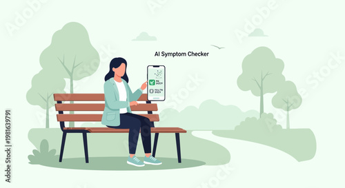 Woman using AI symptom checker app on phone while sitting on park bench