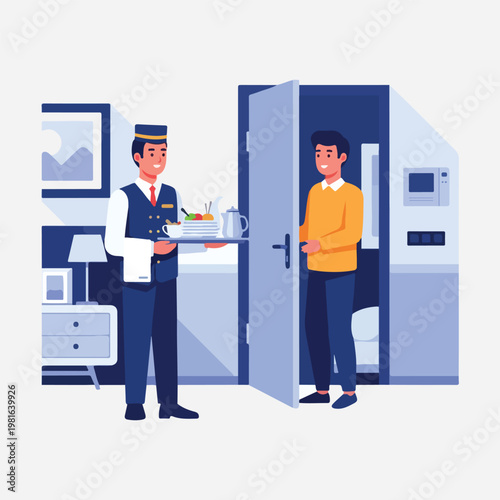  flat vector illustration of hotel staff delivering room service