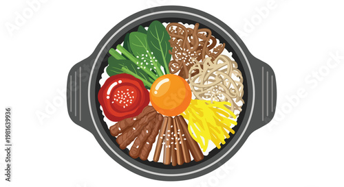 Top-down view of a Korean rice bowl with vegetables, meat, and a raw egg yolk