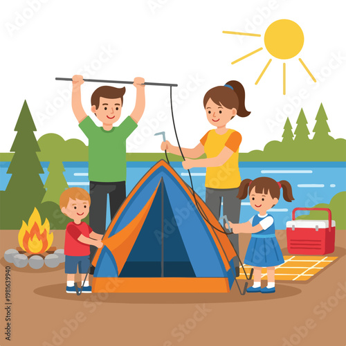 A family of four works together to assemble a tent at a sunny outdoor campsite