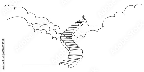 A line art illustration showing a lone hiker standing at the top of a staircase reaching clouds
