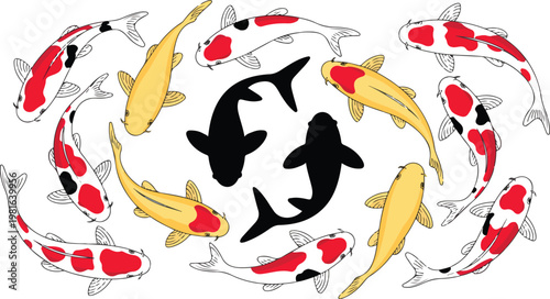 Clean vector marine artwork featuring symmetrical shark silhouettes with koi fish circle frame in traditional ornamental style