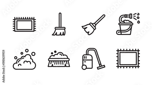 Cleaning Icons Set: Broom Vacuum Bucket Soap Bubbles RugOutline Style