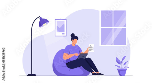 Woman working remotely on laptop, sitting on bean bag chair in cozy room