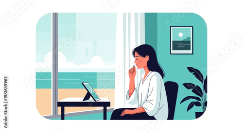 Woman working on tablet by the sea, enjoying peaceful remote work and ocean view