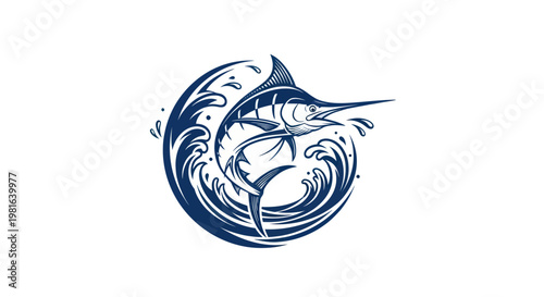 Blue Marlin Leaping from Ocean Wave, Nautical Sport Fishing Emblem