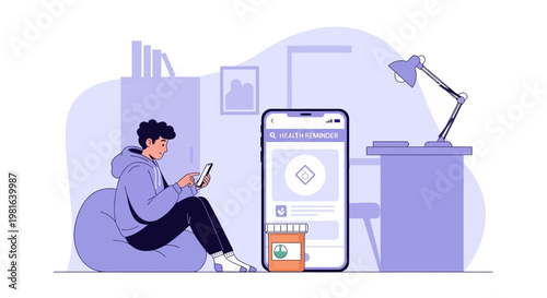Young man using smartphone with health app and medication bottle, online healthcare concept