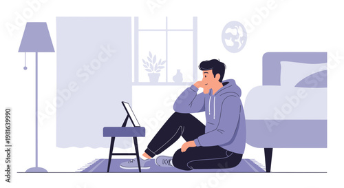 Young man sitting on floor looking at tablet, feeling bored and isolated at home