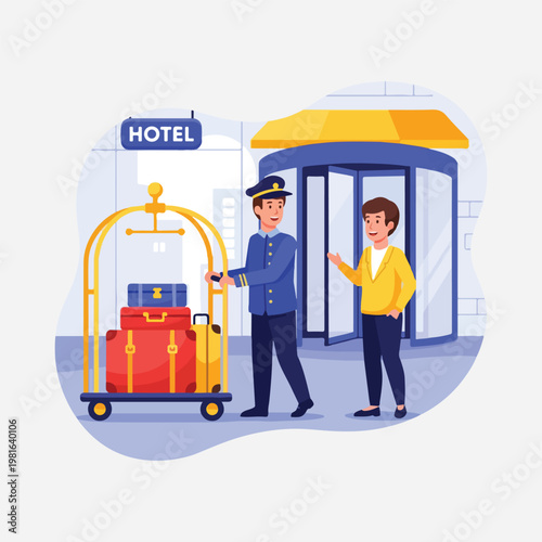 colorful flat vector illustration of bellboy carrying luggage trolley