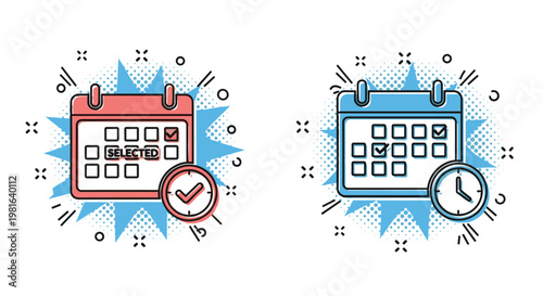 Colorful calendar and clock icons with selected dates on a comic style background for schedule and event planning.