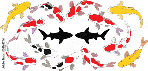 Clean vector marine artwork featuring symmetrical shark silhouettes with koi fish circle frame in traditional ornamental style