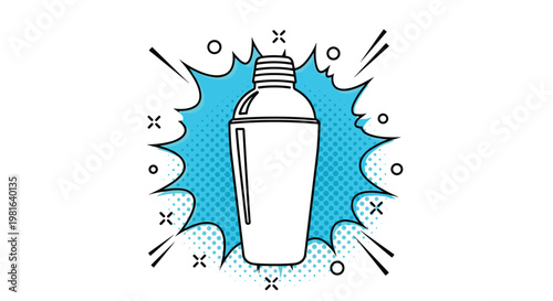 Stainless steel cocktail shaker over a vibrant blue comic style splash background perfect for bar and party themes.