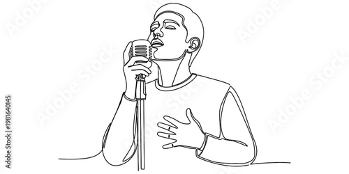 A continuous line drawing of a young man singing passionately into a vintage style microphone