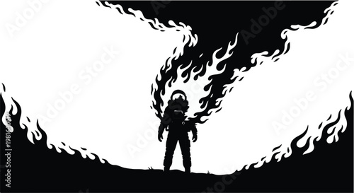 Astronaut standing amidst roaring flames captures the intensity of space exploration challenges where human resilience meets the dangerous unknown in a striking monochromatic artistic display.