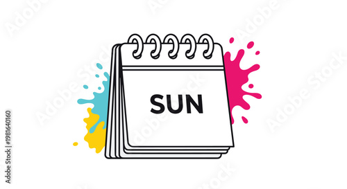 Sunday calendar page with vibrant artistic paint splashes on the background signifying the weekend and leisure time.