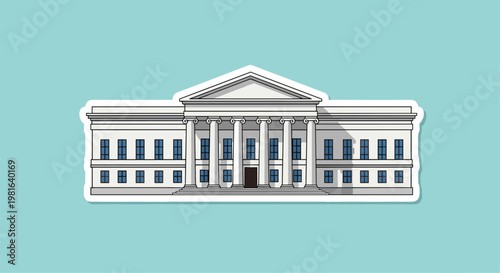 Classical government building icon with white columns and many windows representing law, museum, or financial institution.
