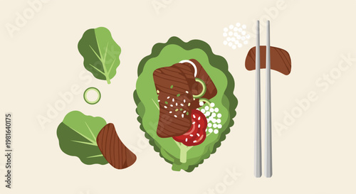 Flat illustration of a Korean lettuce wrap with grilled meat and chopsticks