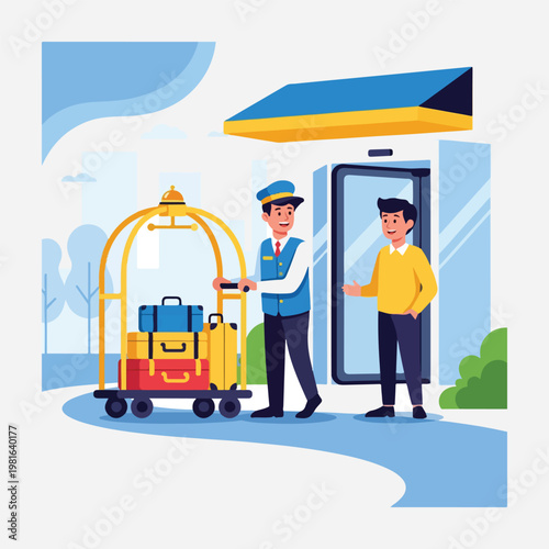 flat vector illustration of bellboy carrying luggage trolley