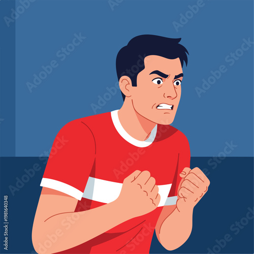 A young man in a red t-shirt clenches his fists with a very angry expression