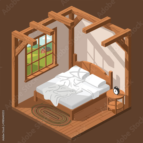 Isometric view of a rustic wooden bedroom featuring a bed, window, and nightstand