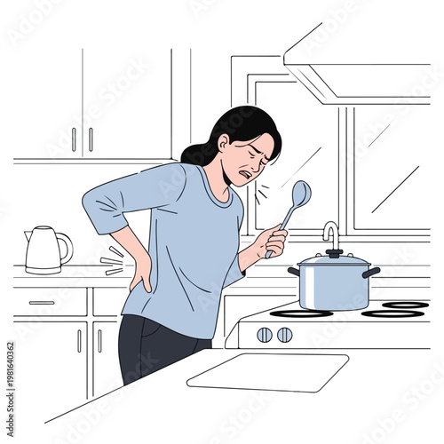 A woman in a kitchen holds a spoon while suffering from painful back discomfort