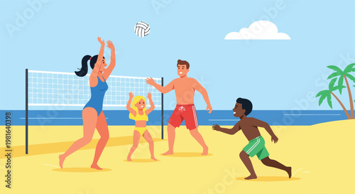 Diverse group of friends play a game of beach volleyball on the sandy coastline