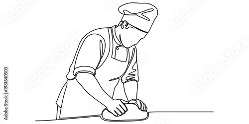 A single continuous line drawing of a professional chef kneading dough on a clean kitchen table