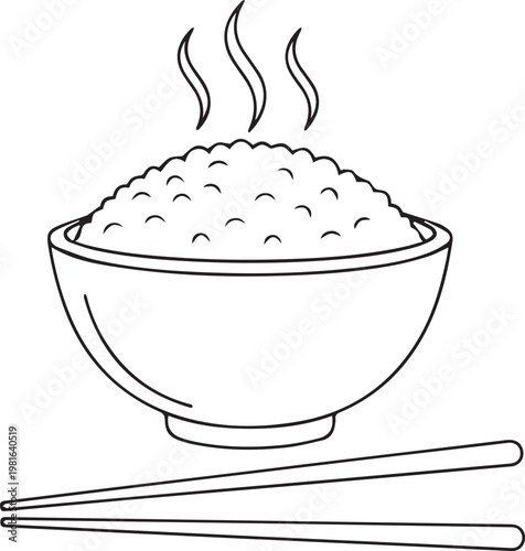 A bowl of steaming hot rice with chopsticks isolated on transparent background, Vector, illustration
