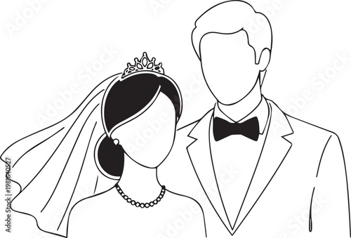 A black and white drawing of a bride and groom isolated on transparent background, Vector, illustration