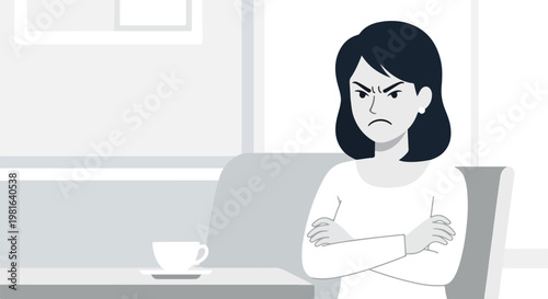 A grayscale vector illustration of an angry woman sitting with arms crossed