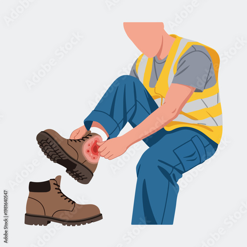 A worker in a high-visibility vest inspects a painful blister on their sore foot