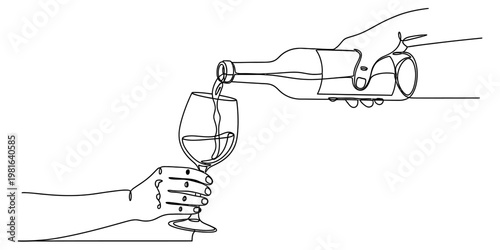 A single continuous line drawing showing a hand pouring wine from a bottle into a holding glass