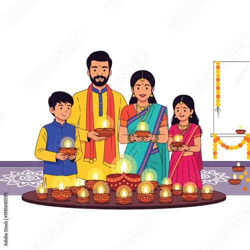 Indian family in traditional attire holding lamps during the Diwali festival