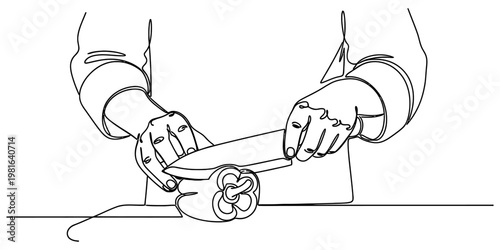 A black and white continuous line drawing of a person using a knife to slice a fresh bell pepper.