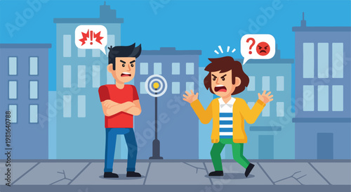 Two angry people arguing on a city street with speech bubbles above their heads