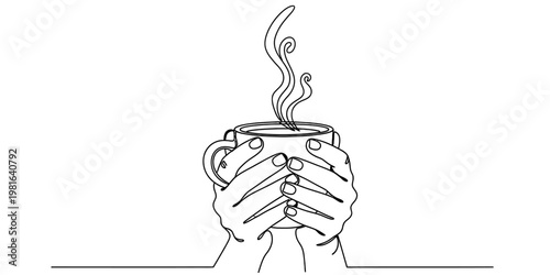 A simple black and white line drawing of two hands holding a warm steaming cup of coffee or tea