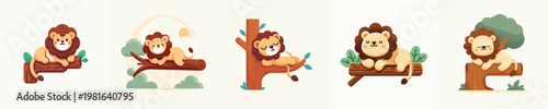 vector cute lion relaxing on a tree