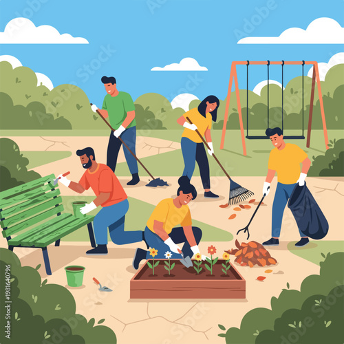 Group of volunteers cleaning a park, painting a bench and planting flowers
