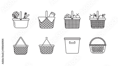 Collection of Basket Icons with Food and Utensils Outline Style