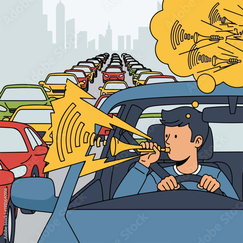 A frustrated driver blowing a horn while stuck in heavy city traffic congestion