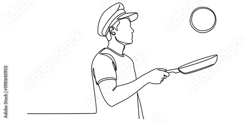 A continuous line drawing of a male chef wearing a hat and tossing a pancake in a frying pan