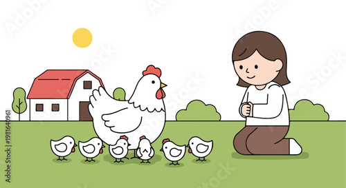 A young girl kneels on grass, observing a mother hen with her group of chicks