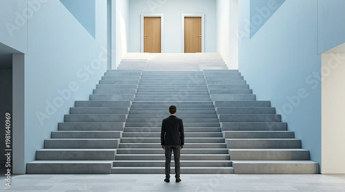 man in suit standing on stairs looking at doors isolated on transparent background