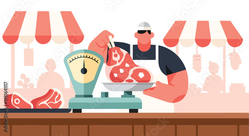 A butcher wearing an apron weighs a piece of fresh raw red meat on a shop scale