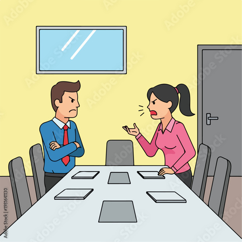 A man and woman in business attire arguing across a conference room table