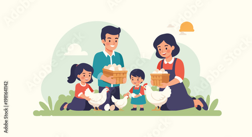 A happy family harvests fresh organic eggs with chickens on a green farm field