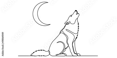 A minimalist single line drawing of a majestic wolf howling at a crescent moon in the night sky