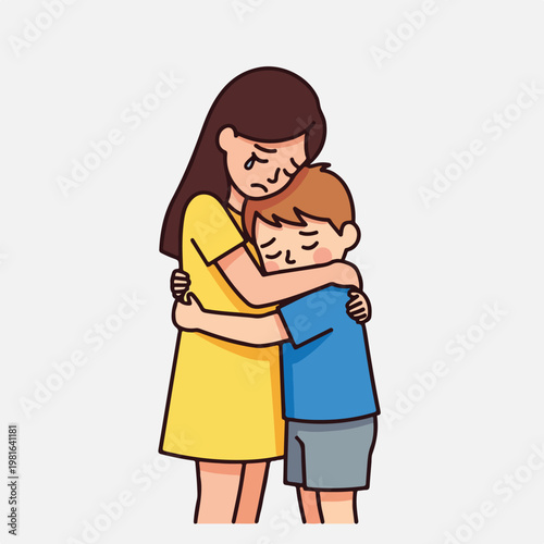 A sad woman in a yellow dress hugs a crying young boy in a blue shirt tightly
